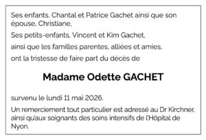 Avis décès Odette GACHET 1948 - 2026