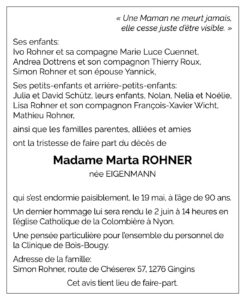 Avis décès Martha ROHNER 1936 - 2026