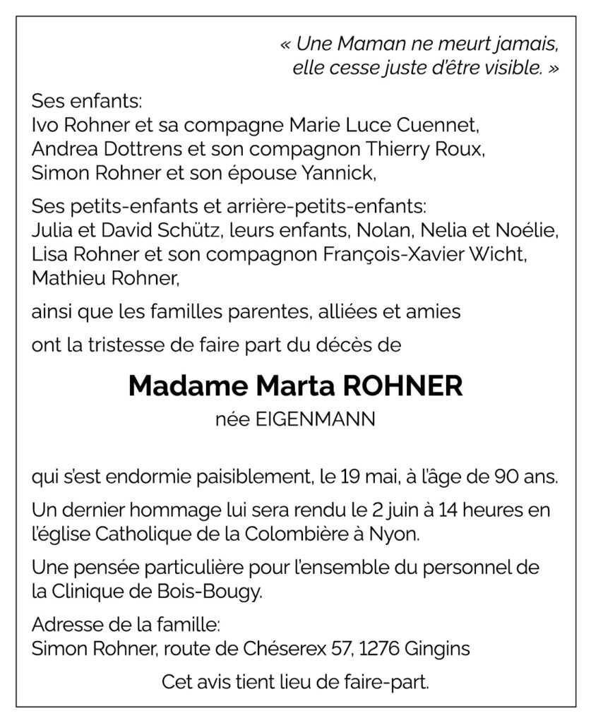 Avis décès Martha ROHNER 1936 - 2026