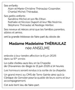 Avis décès Madeleine THÉRAULAZ 1930 - 2026