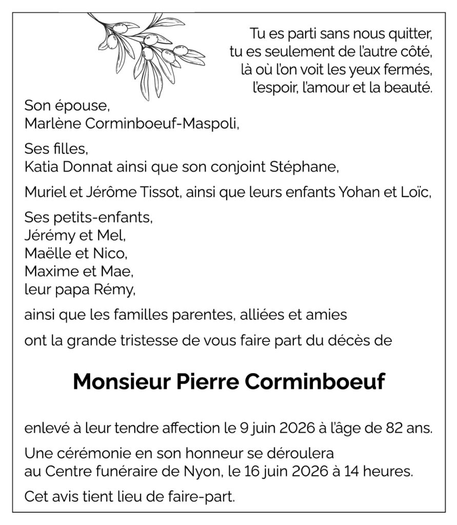 Avis décès Pierre CORMINBOEUF 1943 - 2026
