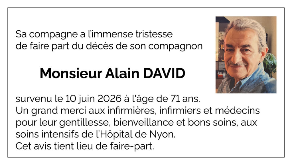 Avis décès Alain DAVID 1955 - 2026