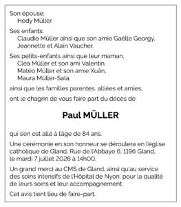 Avis décès Paul MÜLLER 1942 - 2026