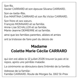 Avis décès Colette Marie Cécile CARRARD 1940 - 2026