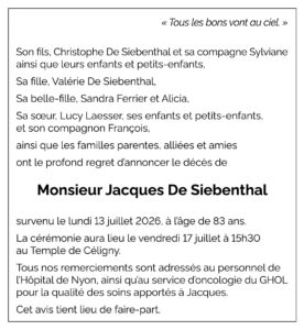 Avis décès Jacques De Siebenthal 1942 - 2026