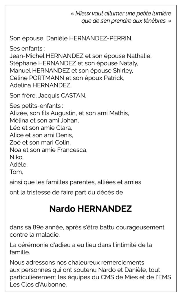 Avis décès Nardo HERNANDEZ 1937 - 2026