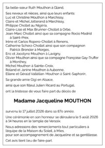 Avis décès Jacqueline MOUTHON 1939 - 2026