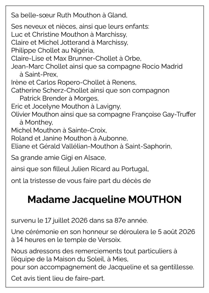 Avis décès Jacqueline MOUTHON 1939 - 2026