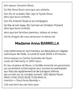 Avis décès Anna BARRELLA 1939 - 2026