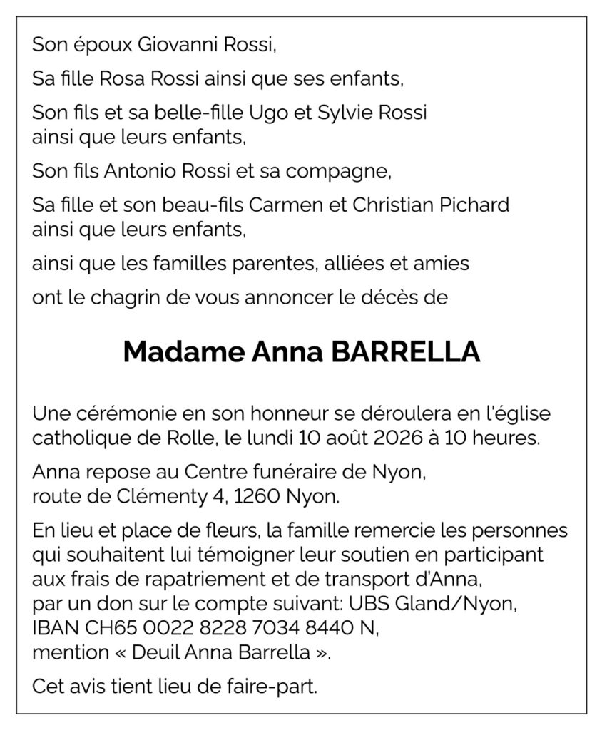 Avis décès Anna BARRELLA 1939 - 2026