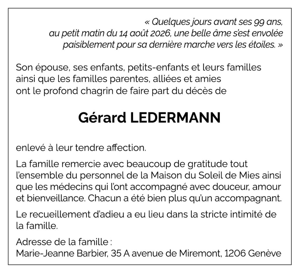 Avis décès Gérard LEDERMANN 1927 - 2026