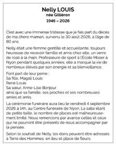 Avis décès Nelly LOUIS, née GILLIÉRON 1946 - 2026