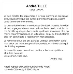 Avis décès André TILLE 1939 - 2026