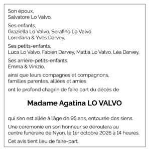 Avis décès Agatina LO VALVO 1931 - 2026