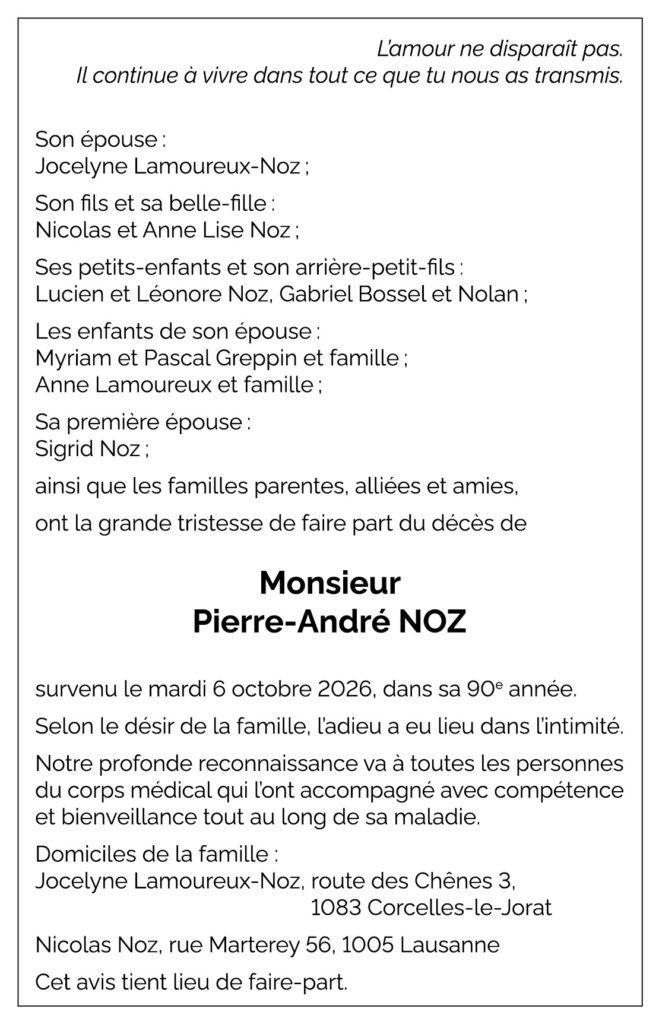 Avis décès Pierre-André NOZ 1937 - 2026